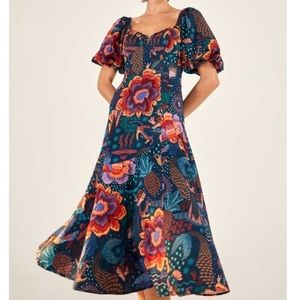 FARM RIO Teal River Creatures Floral Bird Fruit Print Puff Sleeve Midi Dress XL